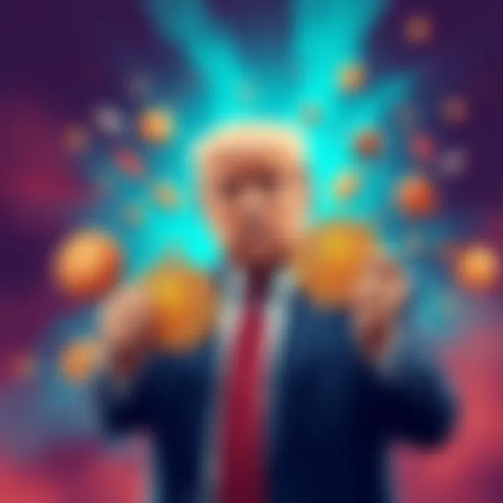 Illustration of Trump holding a Bitcoin with chaotic market symbols around him, representing market volatility and manipulation.