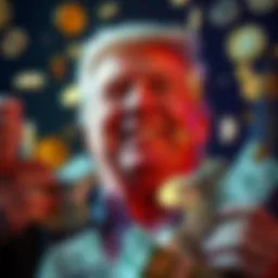 President Trump smiling while surrounded by cryptocurrency symbols and cash, celebrating a profitable year in crypto investments.