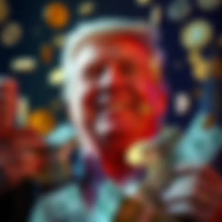 President Trump smiling while surrounded by cryptocurrency symbols and cash, celebrating a profitable year in crypto investments.