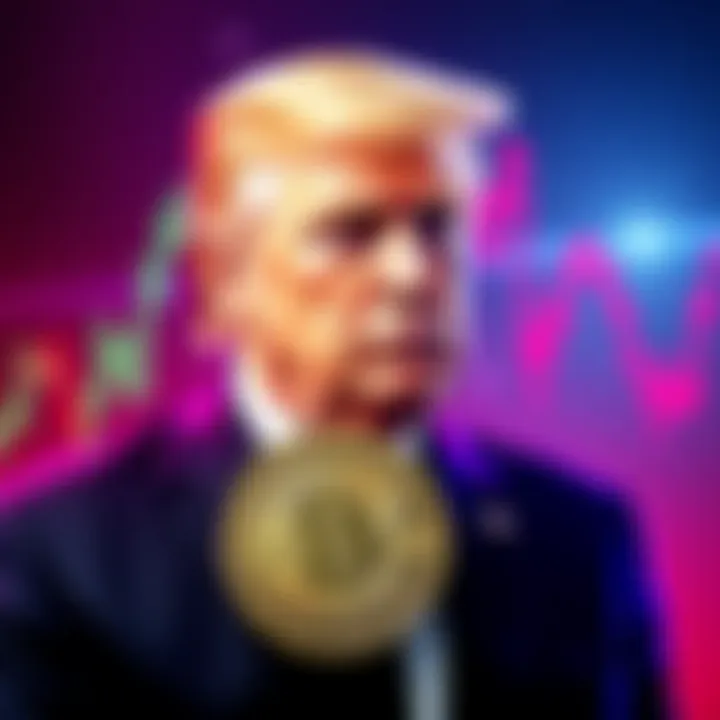Former President Trump in front of a financial chart with a crypto token symbol, conveying the $50 million loan secured for his crypto project.