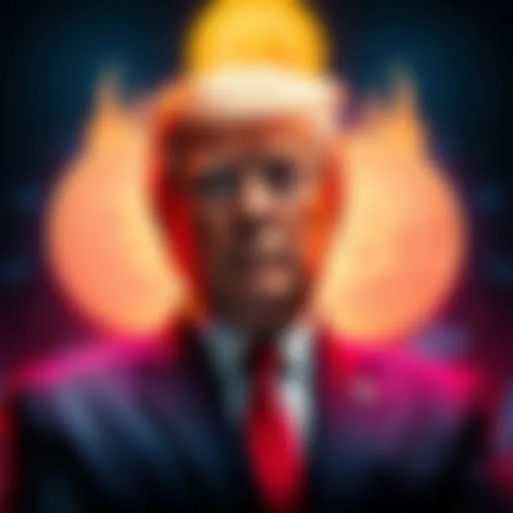Trump with cryptocurrency symbols Donald Trump stands confidently in front of cryptocurrency symbols while investors look worried about their losses.