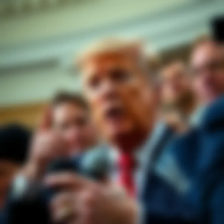 Donald Trump addressing the media about his family's $1.4 billion earnings from cryptocurrency, with a focused expression and gestures, surrounded by reporters.