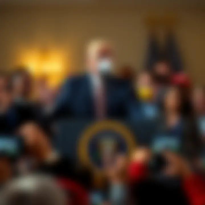 Former President Trump speaks at a podium, defending a cash gift to Natalie Harp while surrounded by supporters and media