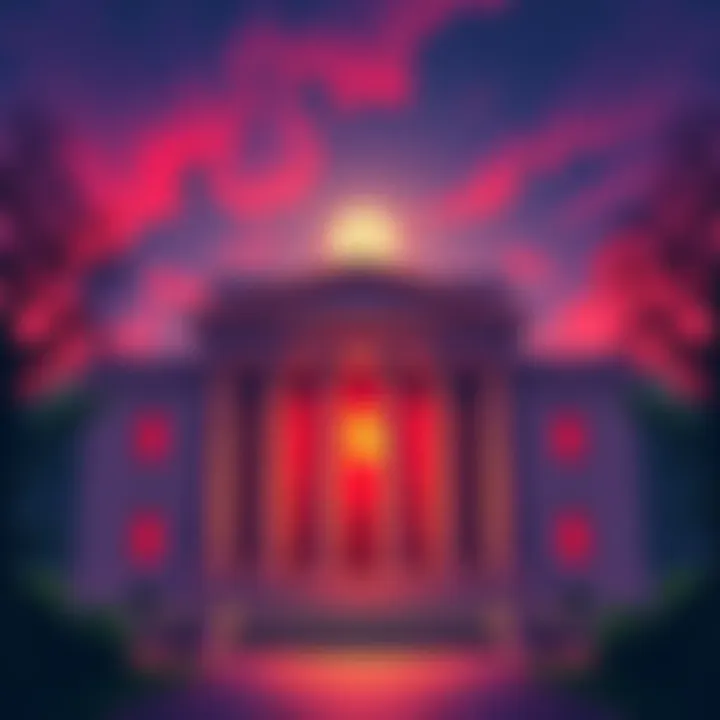 Illustration of a bank building with a private dollar sign, representing Trump's family banking venture and ethical concerns over funding.