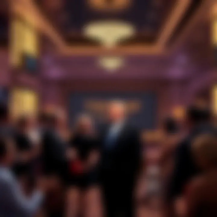 A group of people gathered at a luxury venue discussing cryptocurrency trends and investments, with a prominent Trump family logo displayed.