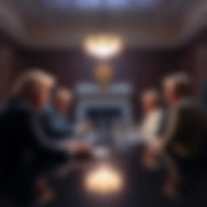 Trump family members in a boardroom discussing the lawsuit over alleged extortion claims