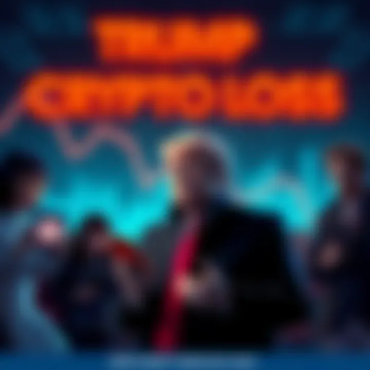 A visual representation of investor frustration with Trump family crypto project, showing a downward trend in cryptocurrency values and worried people looking at their devices.