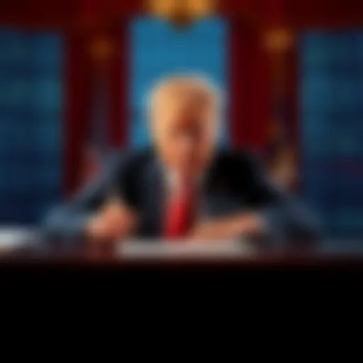President Trump signs a document granting tax immunity to himself and his family, with financial charts in the background representing regulatory changes.