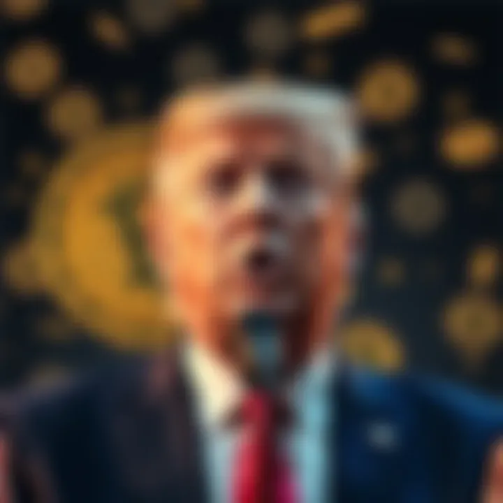 Trump Announces US Crypto Leadership President Trump speaking about the US becoming a leader in Bitcoin and cryptocurrency, with a backdrop of digital currency symbols