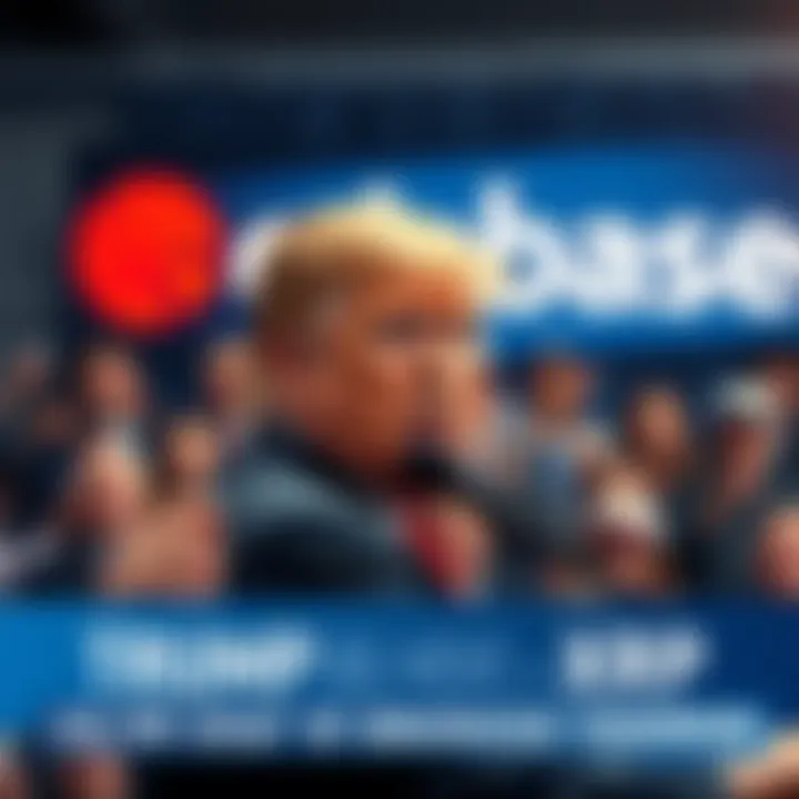 Donald Trump standing in front of a crowd with a speech microphone, suggesting an important announcement about XRP. Coinbase logo is visible in the background, hinting at a surprise update.