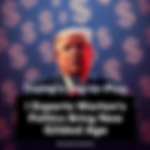 Donald Trump speaking at a podium with dollar signs in the background, symbolizing wealth influence in politics