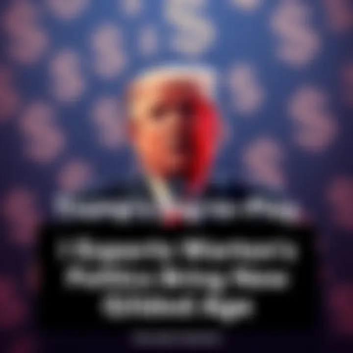 Donald Trump speaking at a podium with dollar signs in the background, symbolizing wealth influence in politics