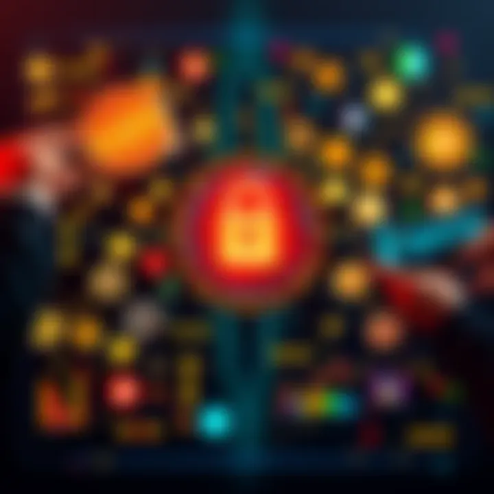 A digital representation of various cryptocurrencies with a lock symbol implying security, showing users researching on laptops and smartphones