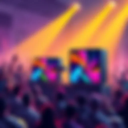 An illustration showing two exciting new product releases with vibrant colors and a crowd of enthusiastic people in the background