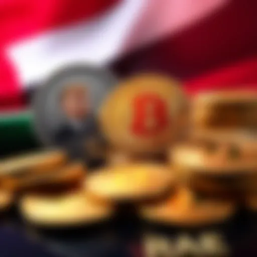 A UAE fund logo alongside a visual representation of cryptocurrency coins with Donald Trump's image