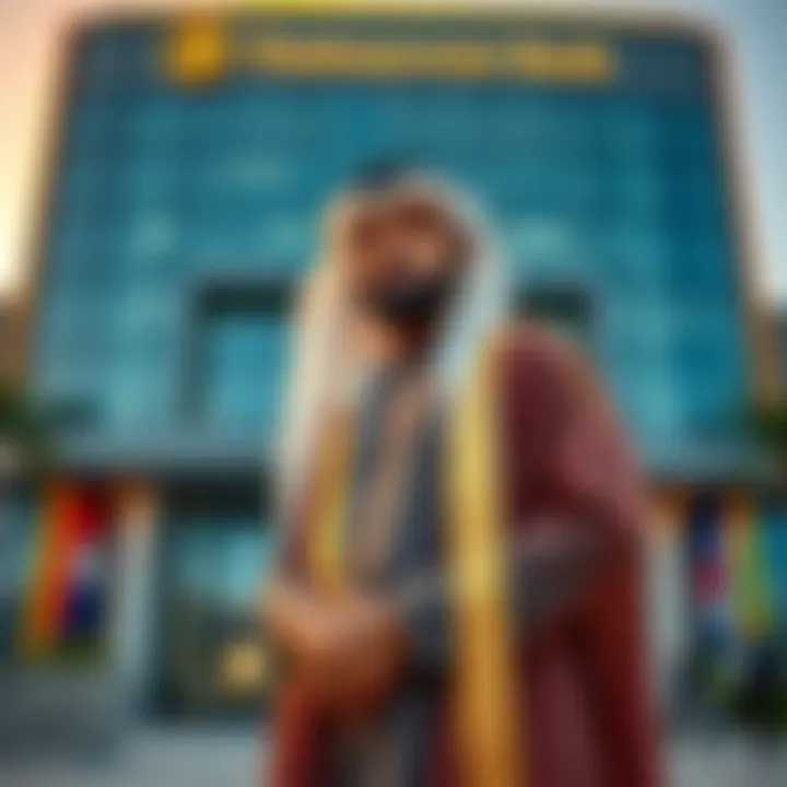 A UAE sheikh with traditional attire stands confidently in front of a modern cryptocurrency bank building, symbolizing major financial investment.