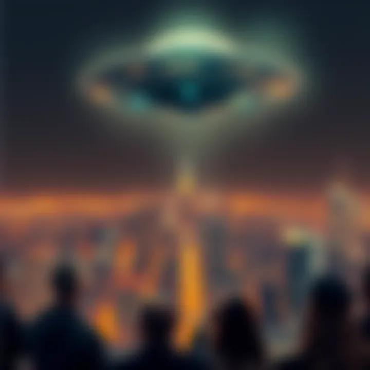 A glowing UFO hovering above a bustling city skyline at night, with people looking up in awe.