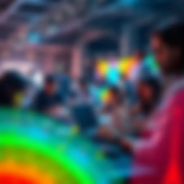 A diverse group of people collaborating at a data hackathon event, working on laptops and brainstorming ideas.