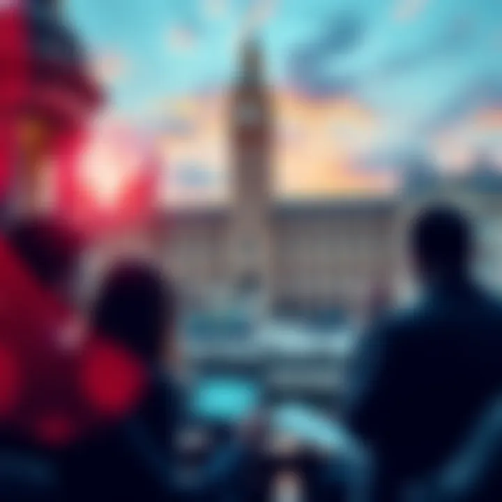 A group of people discussing cryptocurrency regulations with a backdrop of the UK Parliament building.