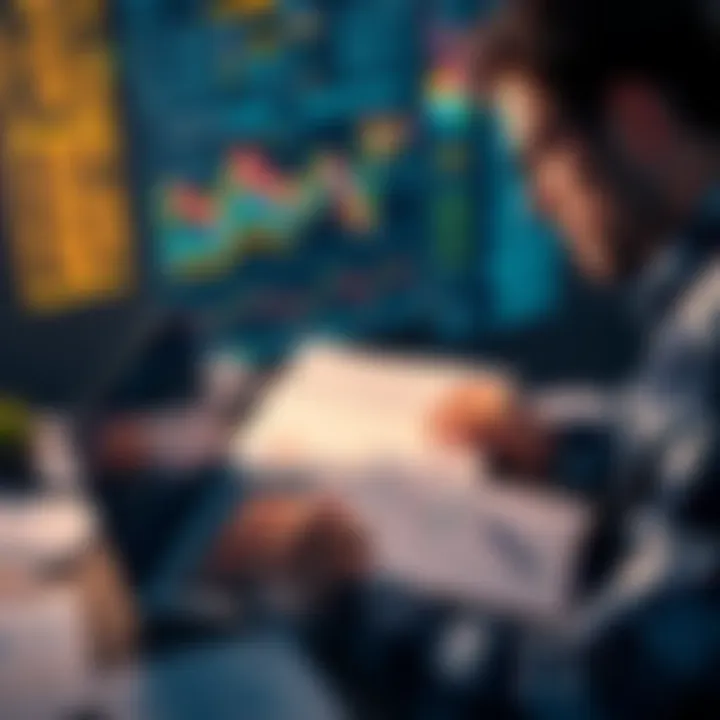 A person studying crypto charts on a laptop with financial documents spread out