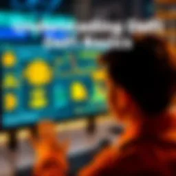 A person looking at a computer screen displaying digital finance graphics, with symbols of wallets and blockchain