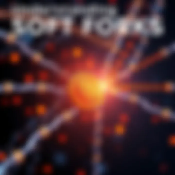 A visual representation of a blockchain with forks showing potential splits and reorganization, highlighting soft forks and their impact on transactions