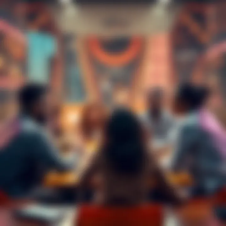 A group of diverse people discussing complex issues around a table, showcasing collaboration and empowerment through understanding.