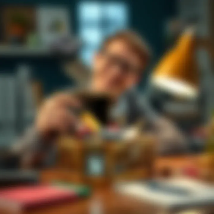 A person smiling with a small treasure chest filled with unexpected items on a desk
