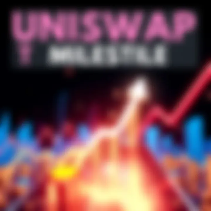 A graphic showing Uniswap's trading volume surpassing $1 trillion with upward arrows and crypto symbols