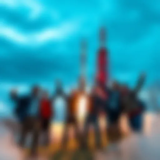 A group of University of Waterloo students celebrating next to a rocket they launched, with the rocket soaring into the sky behind them.