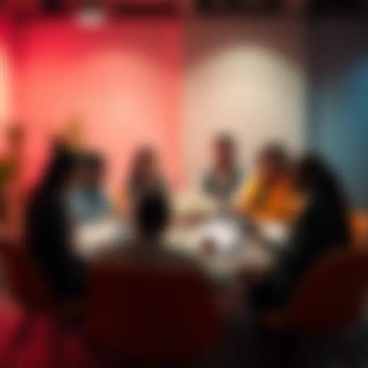 A diverse group of people discussing online moderation at a round table with laptops and phones, highlighting the importance of creating a safer online space.