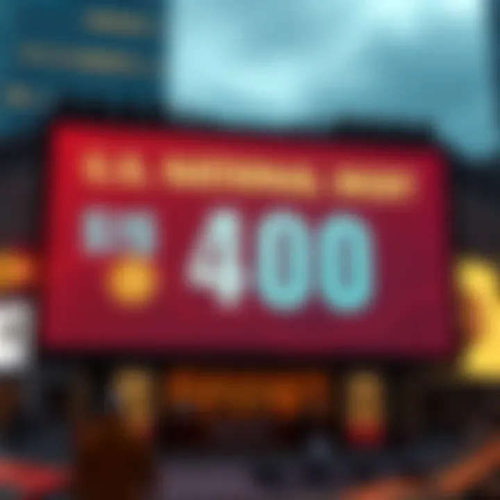 A large sign displaying the U.S. national debt surpassing $40 trillion, with Bitcoin symbols prominently featured