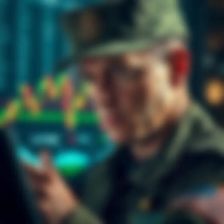 A U.S. soldier in uniform looking at stock market graphs, with a concerned expression, symbolizing insider trading charges related to political events.
