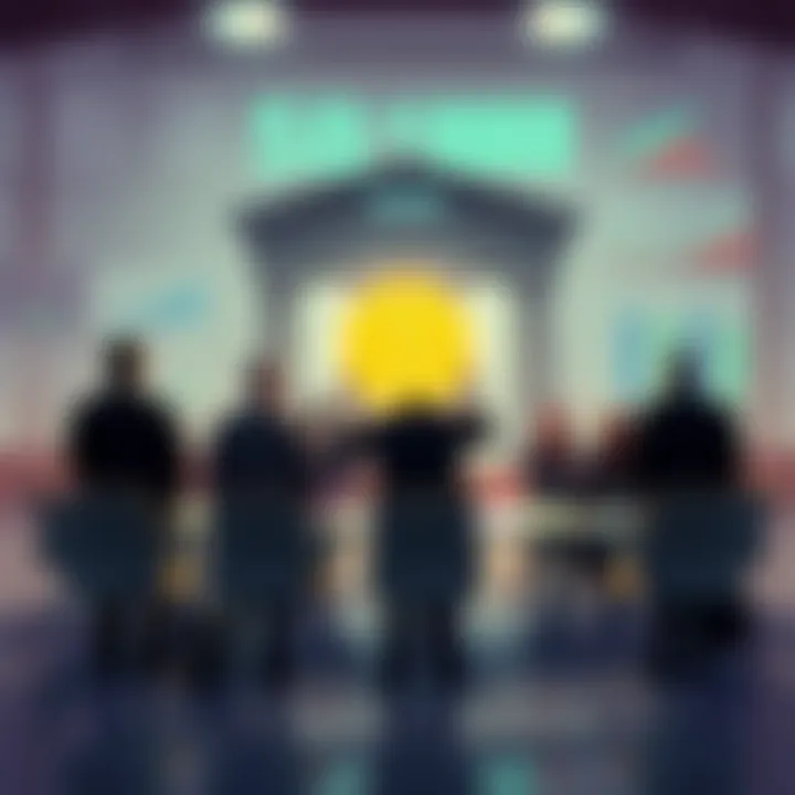 A group of US bank representatives skipping a meeting about stablecoin rewards issues, showing concern for regulatory compliance, with a backdrop of financial reports and charts.