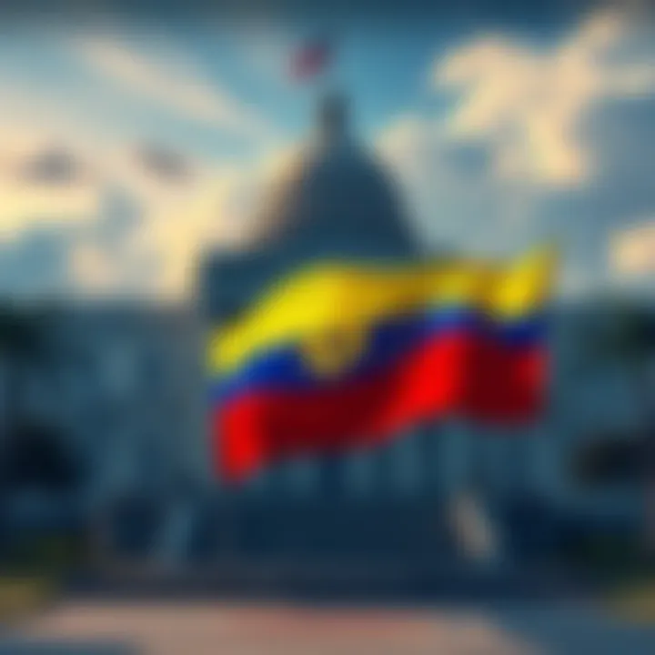 Illustration of US government building with Bitcoin symbol and Venezuelan flag