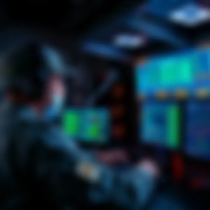 A U.S. military personnel monitoring a Bitcoin node setup with screens displaying cryptocurrency data, symbolizing strategic operations against China.