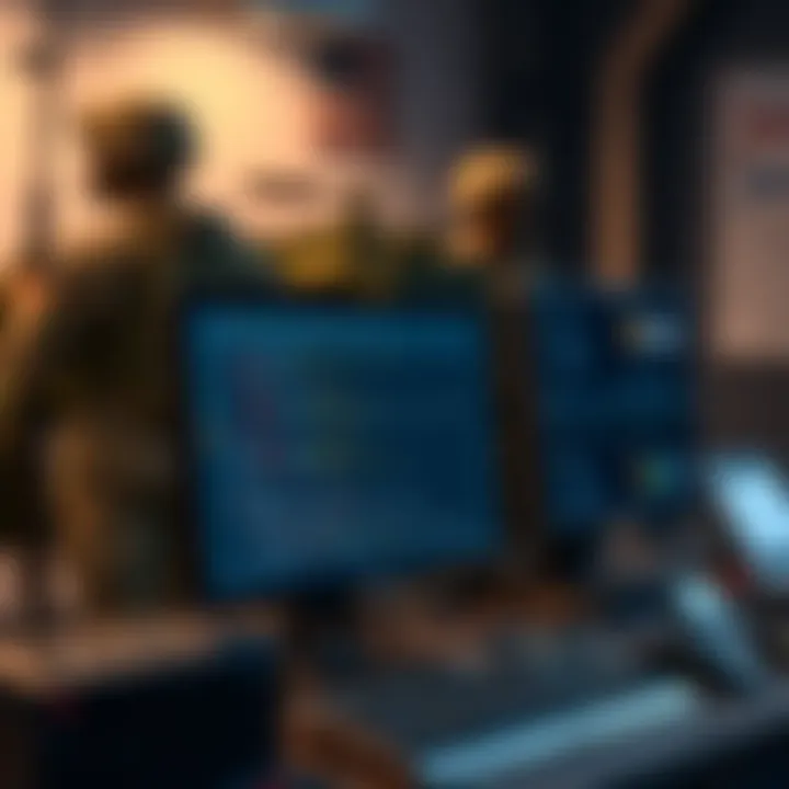 A computer setup showing a Bitcoin node with military equipment in the background, symbolizing the U.S. military's interest in digital currency.