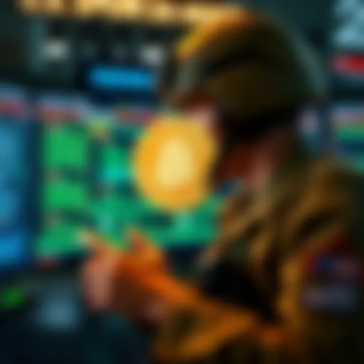 A soldier monitors a digital display showing a Bitcoin node interface, symbolizing the U.S. military's involvement in cryptocurrency technology.