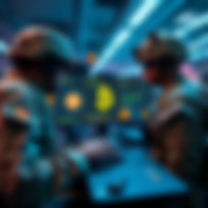 US Military personnel monitoring digital screens displaying blockchain data related to Bitcoin operations