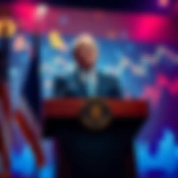 US Treasury Secretary stands at a podium referencing Satoshi, with backdrop of currency symbols and financial charts.