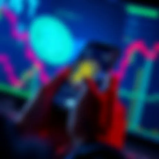 A person using a smartphone to convert USDT to Bitcoin, with digital currency graphics in the background.