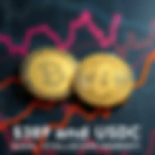 Coins representing USDT and USDC within a graphic of a growing stablecoin market