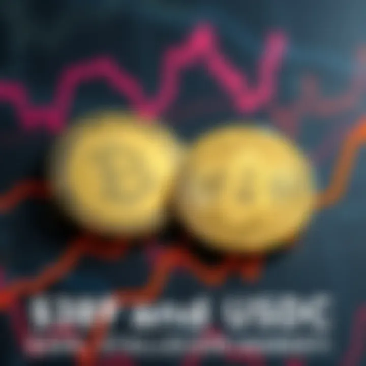 Coins representing USDT and USDC within a graphic of a growing stablecoin market