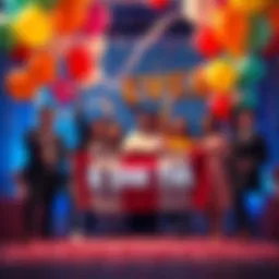 A celebration scene with balloons and confetti representing $USE TVL surpassing 520k ERG, with happy team members holding a banner of success.