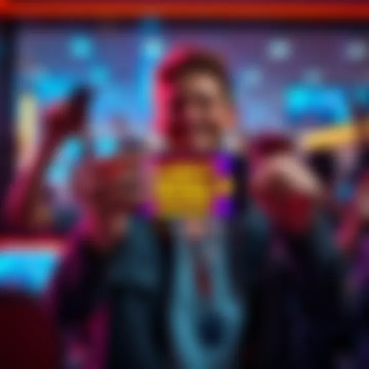 User celebrating app wins A person joyfully showing a mobile phone with an app displaying extra rewards after watching ads