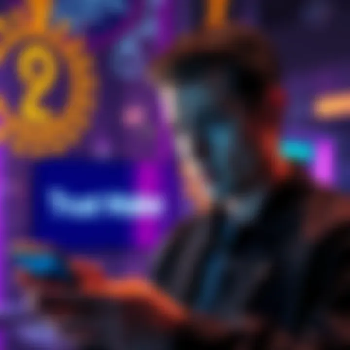 User Concerned About Trust Wallet Security A person looking worried while using a smartphone to access Trust Wallet, with a digital representation of a seed phrase in the background.