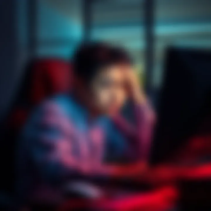 A frustrated community member sitting at a computer, showing signs of disappointment after receiving negative feedback.