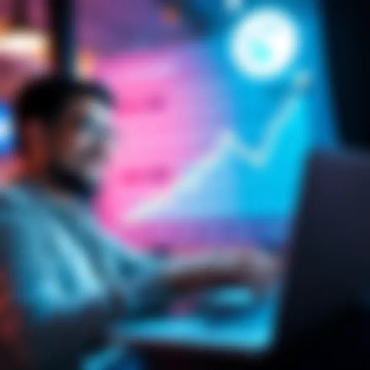 A person smiling while using a laptop to buy on-chain coins through MoonX, showing a graph of profits in the background.