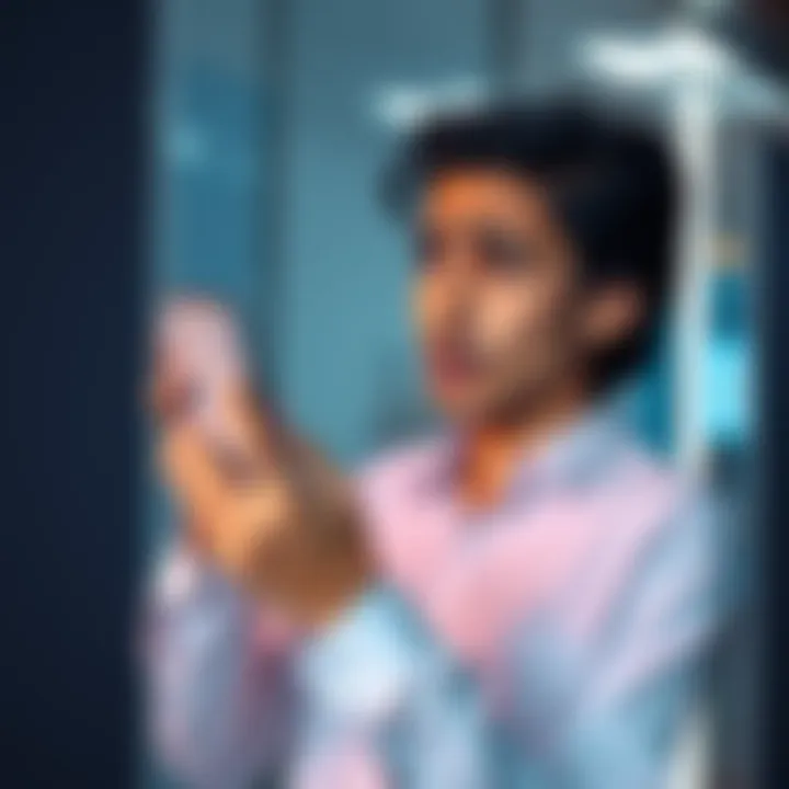 A frustrated person holding a phone, looking puzzled and concerned about their account being closed after moving to Oman.