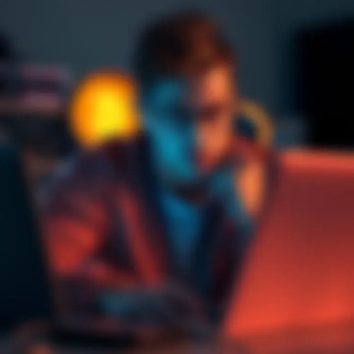 A Bitcoin enthusiast looking confused while reading a forum on a laptop, expressing frustration over a recent ban for a neutral post.